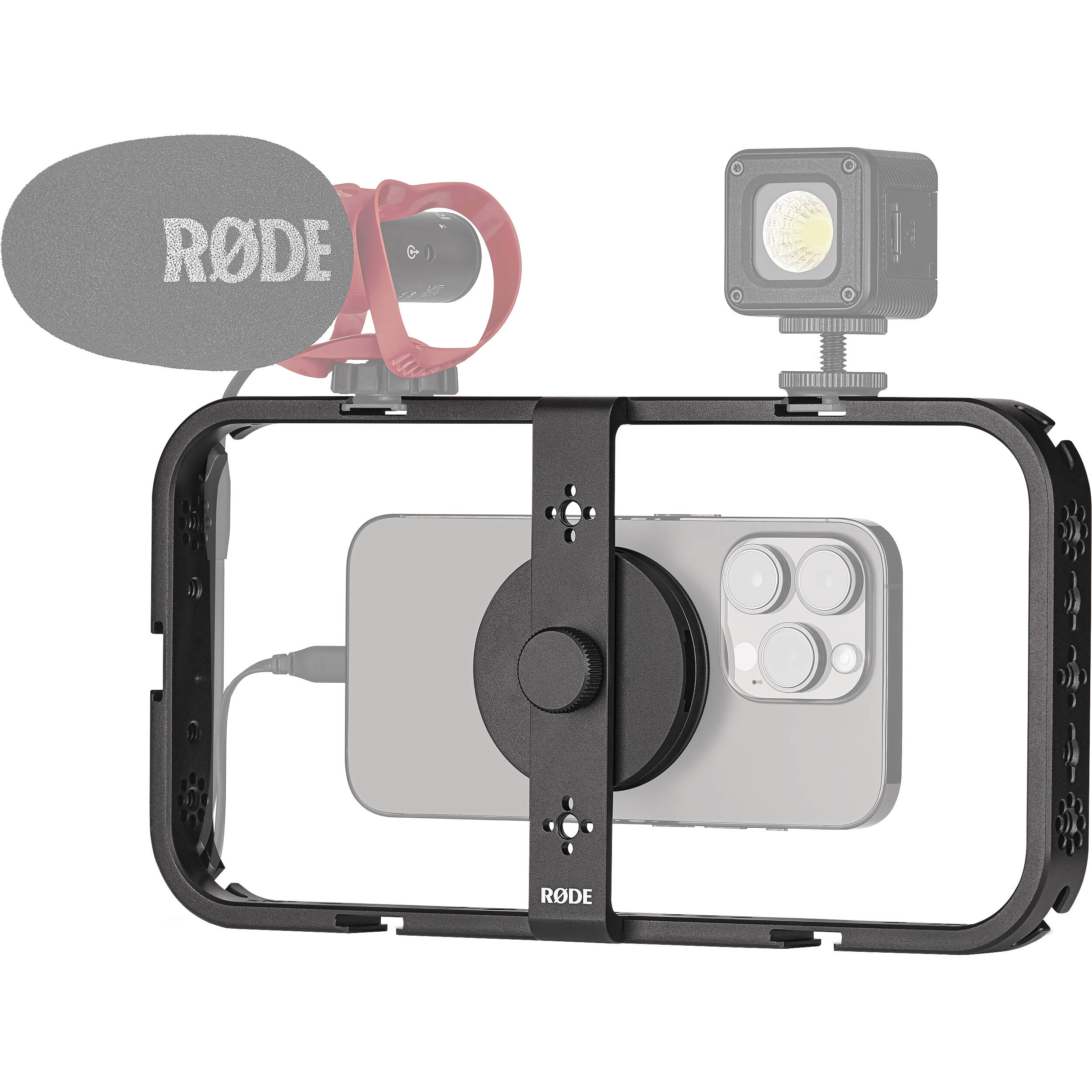 Rode Phone Cage mounted on a tripod, supporting a smartphone for stable video recording and mobile filmmaking.