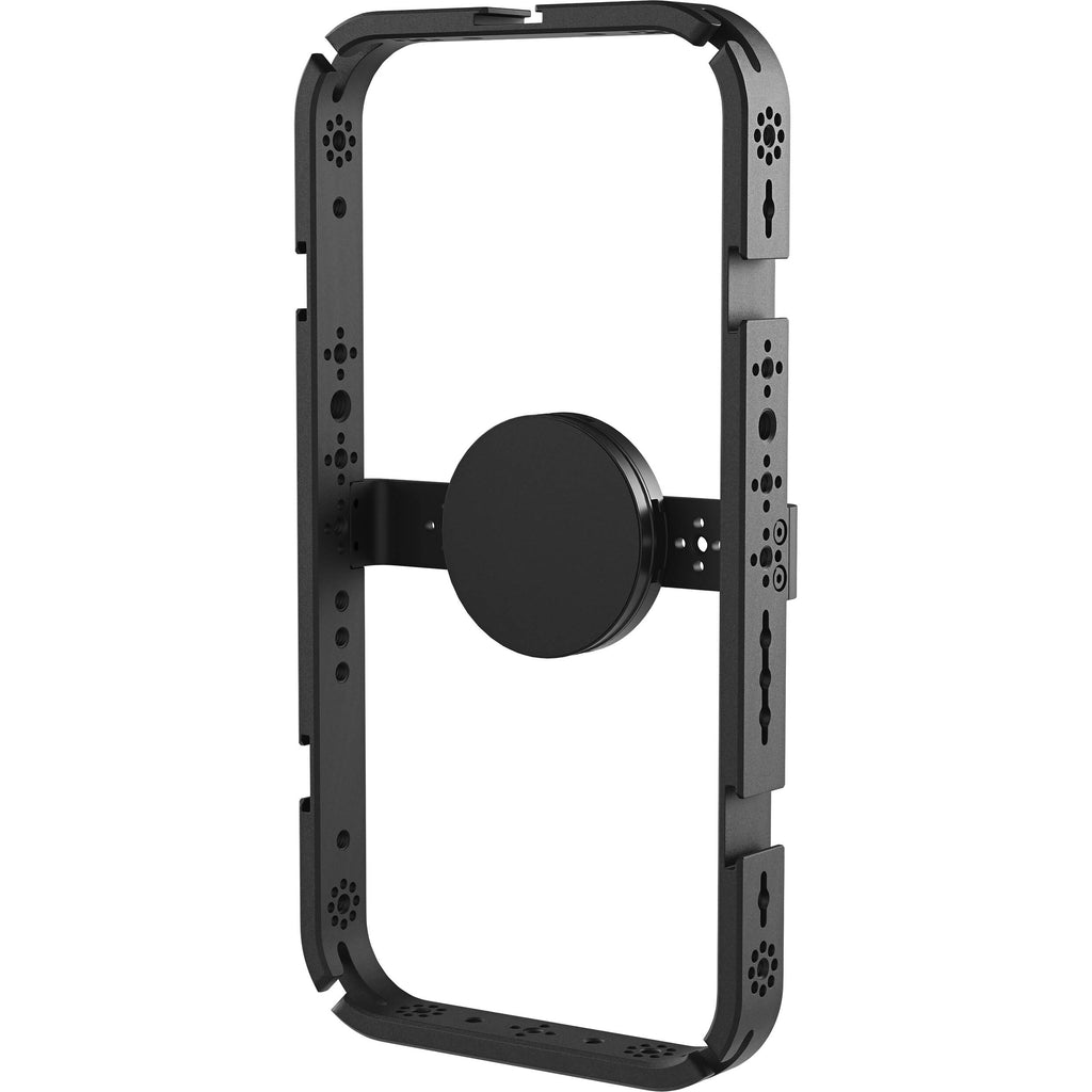 Rode Phone Cage mounted on a tripod, holding a smartphone for stable video recording or photography setup.