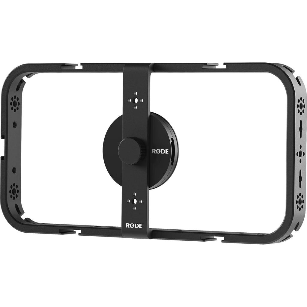 Rode Phone Cage mounted on a tripod, supporting a smartphone for stable video recording and mobile content creation.