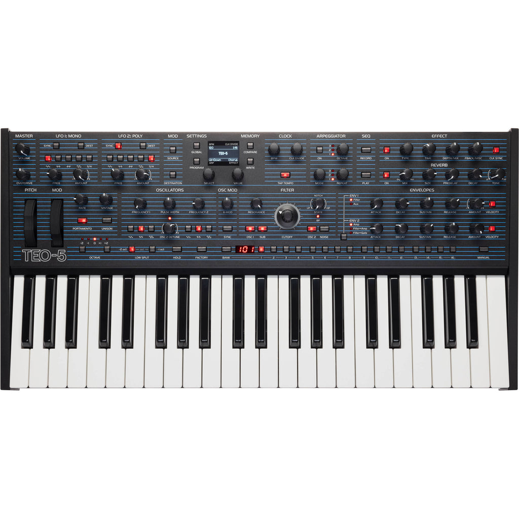 Oberheim TEO-5 synthesizer with vintage design and multiple control knobs, showcasing its front panel and keys.