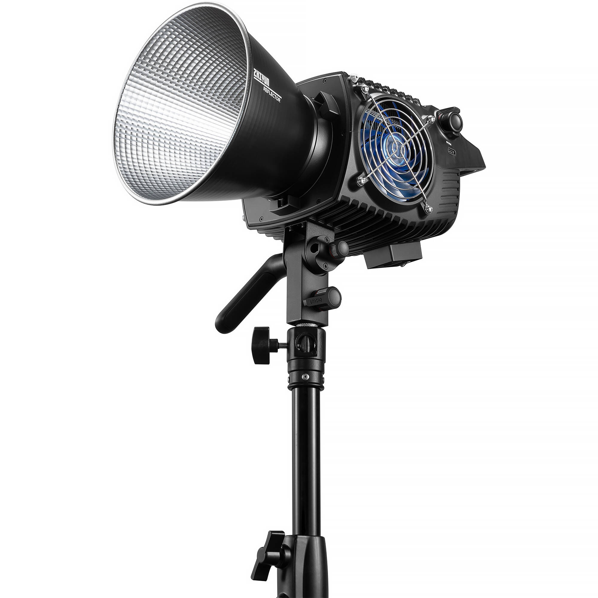 Zhiyun Molus B500 bi-color LED light with adjustable brightness and color temperature, mounted on a stand.