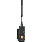 Hollyland Pyro S wireless video receiver connected to a camera, showing its compact design and status indicator lights.