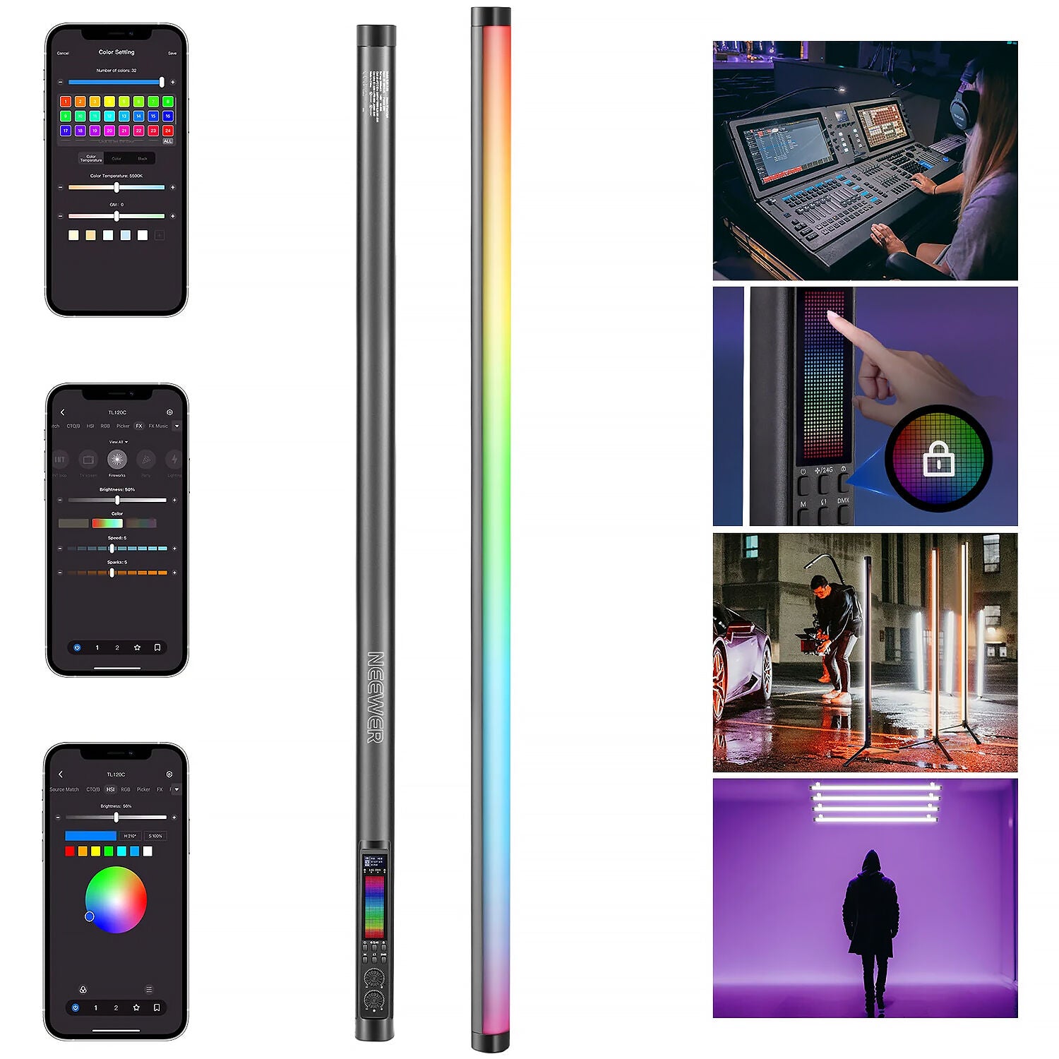 NEEWER TL120C light stick with adjustable brightness and color temperature, ideal for photography and videography lighting.