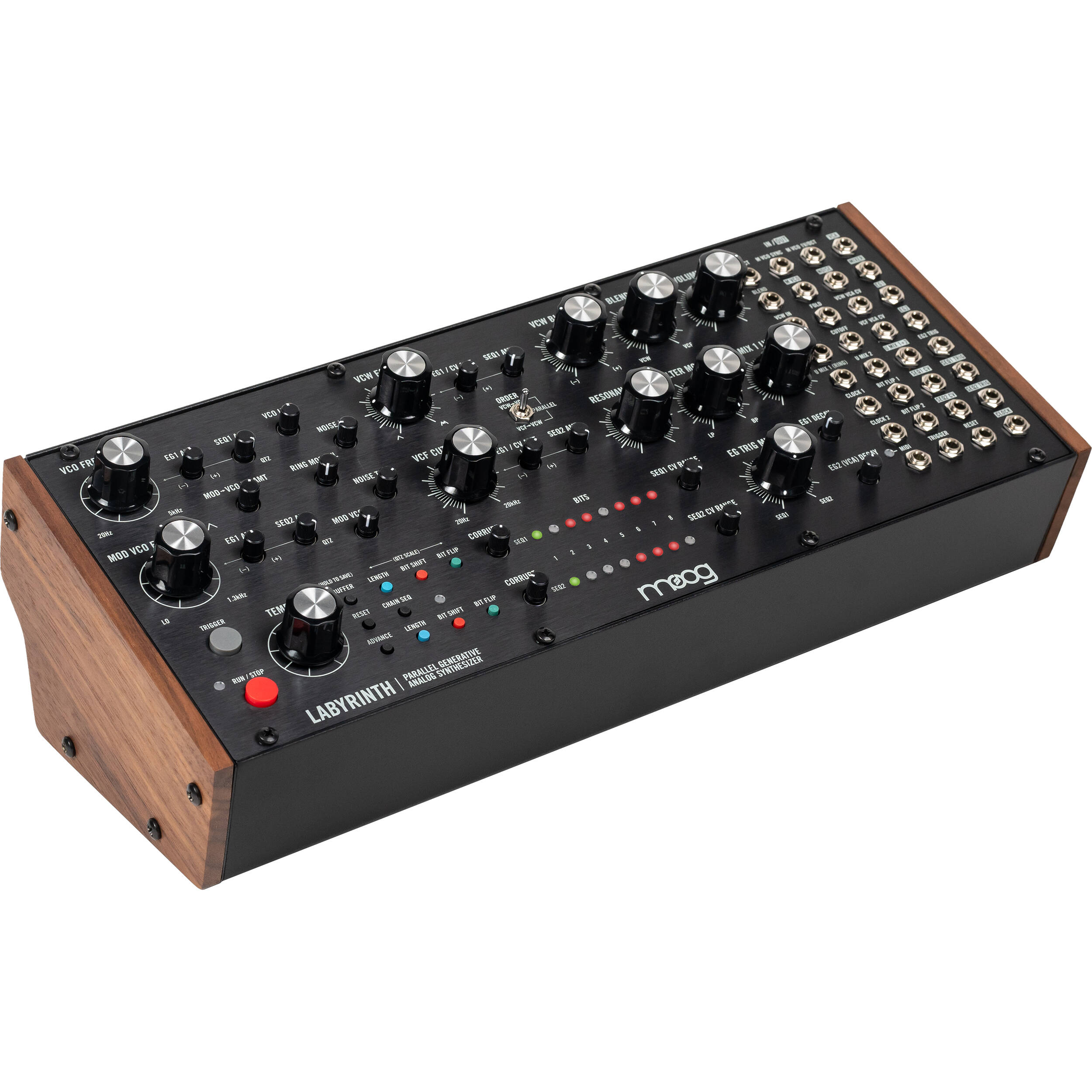 Moog Labyrinth synthesizer with knobs and patch points, featuring classic Moog design and black finish.