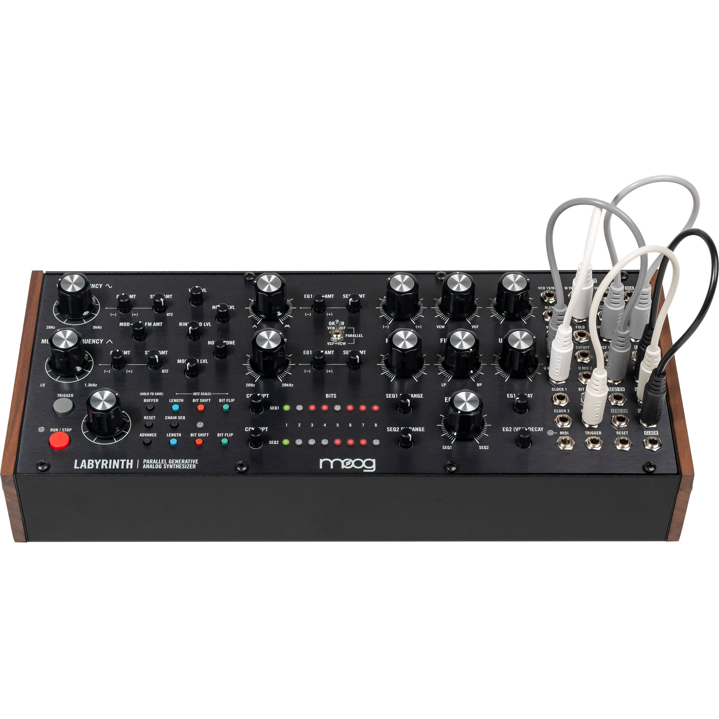 Moog Labyrinth synthesizer with knobs and patch points, showcasing its modular design and vintage-inspired control panel.