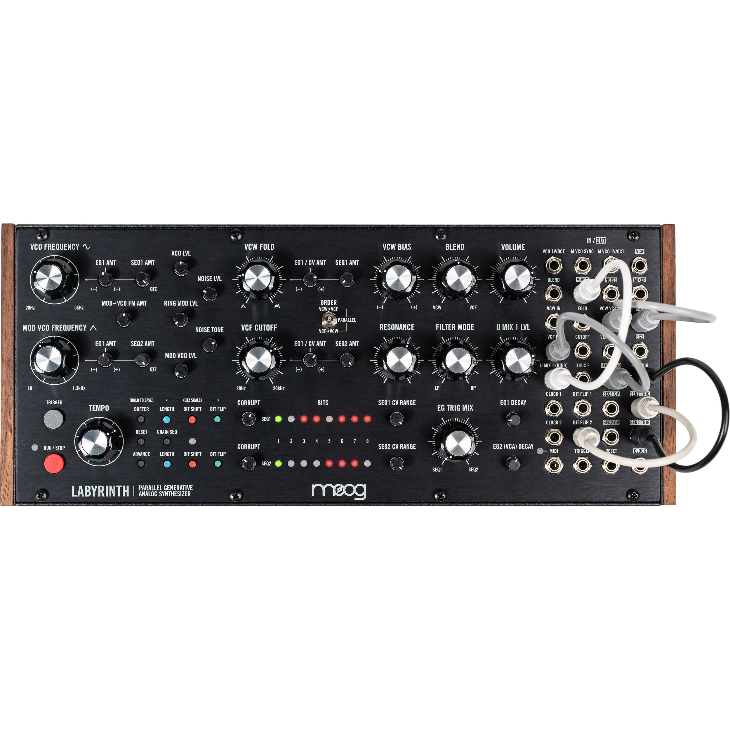 Moog Labyrinth synthesizer with multiple knobs and patch points, showcasing its vintage-style electronic music equipment.