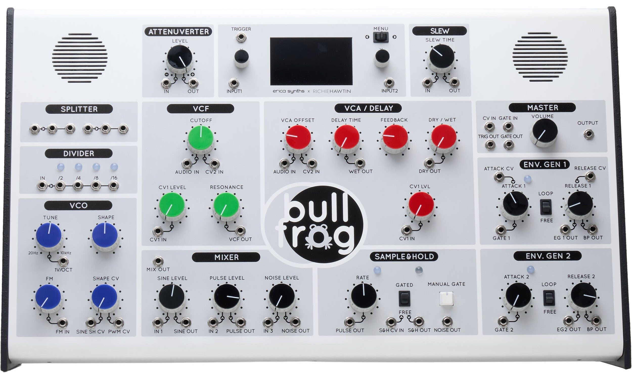 Erica Synths Bullfrog XL desktop synthesizer with knobs, patch points, and colorful controls on a black panel.