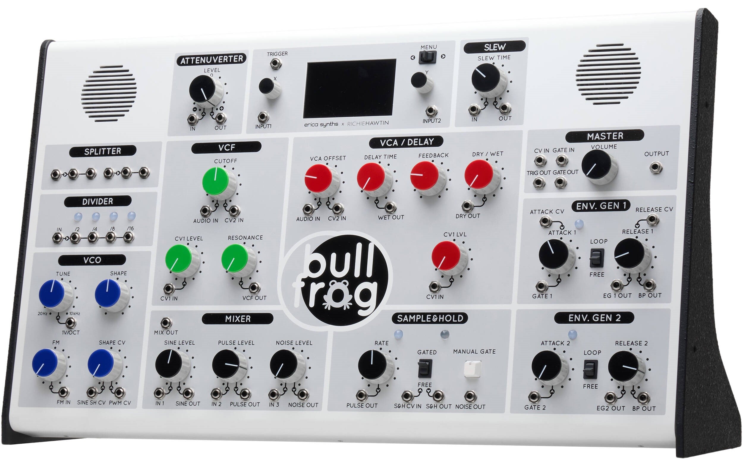 Erica Synths Bullfrog XL desktop synthesizer with knobs and patch points, compact electronic music instrument.