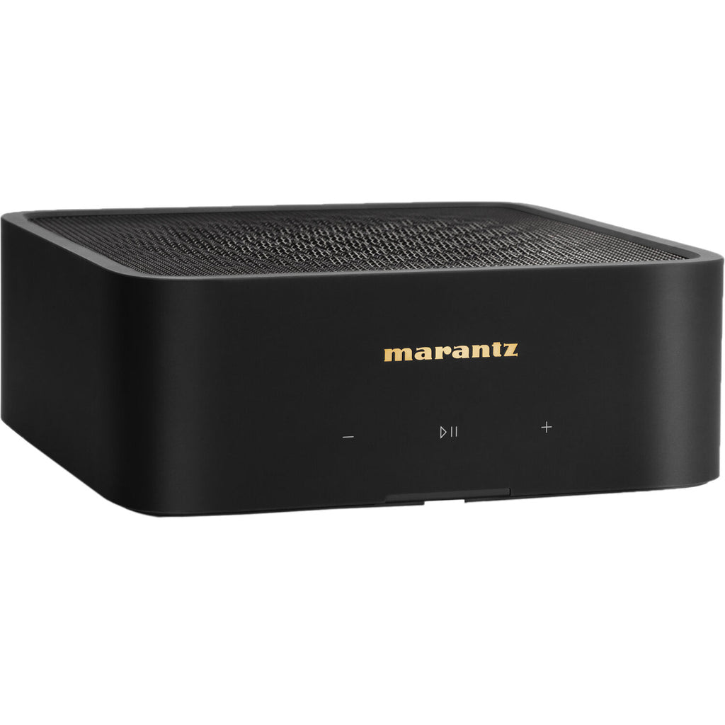 Marantz MODEL M1 music streamer device with sleek black design and front display, used for high-quality audio streaming.