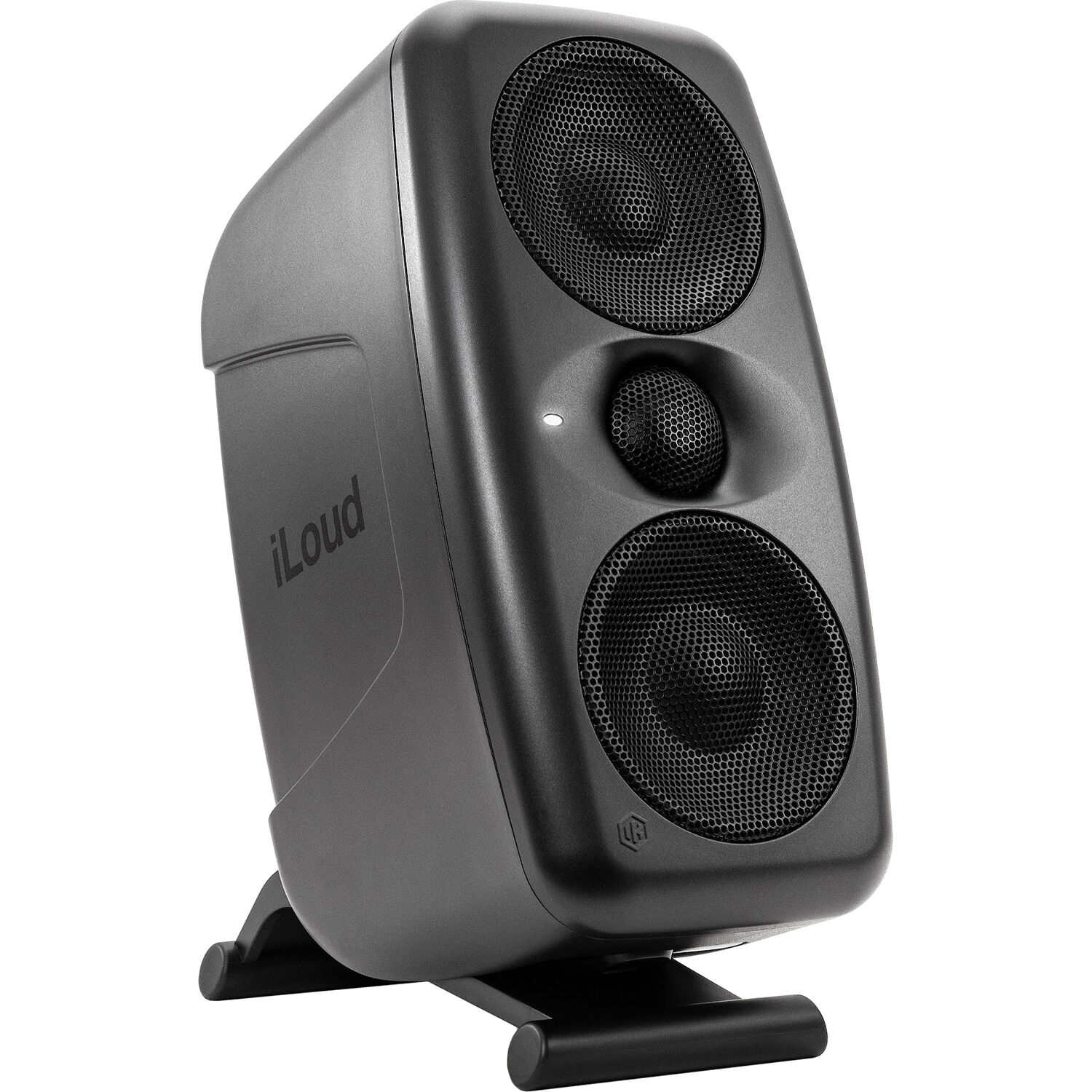Pair of IK Multimedia iLoud MTM MK2 active nearfield monitors on a studio desk, showcasing their sleek design and front-facing speakers.