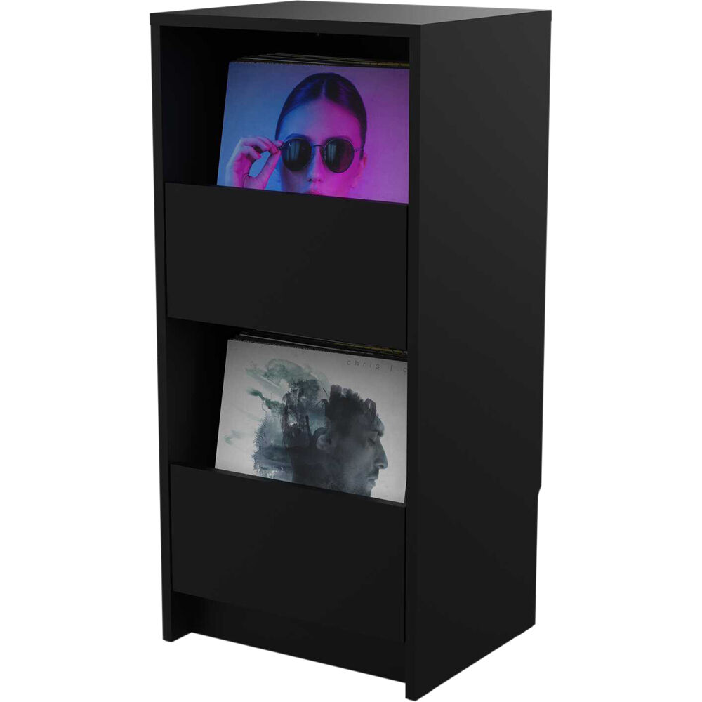 Glorious Vinyl Vault DJ table with sleek black finish and sturdy construction for vinyl record storage and DJ setup.