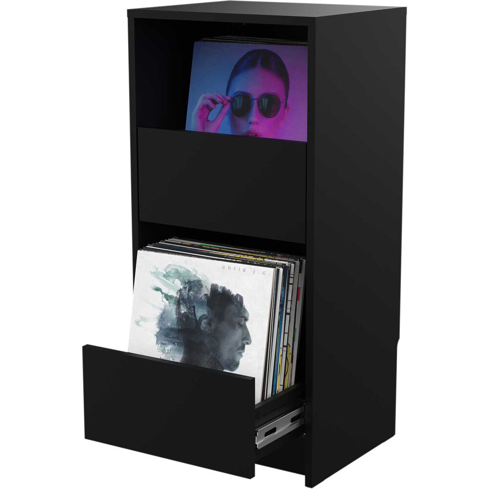 Glorious Vinyl Vault DJ table with sleek black surface and sturdy metal legs, designed for vinyl record storage and DJ setup.