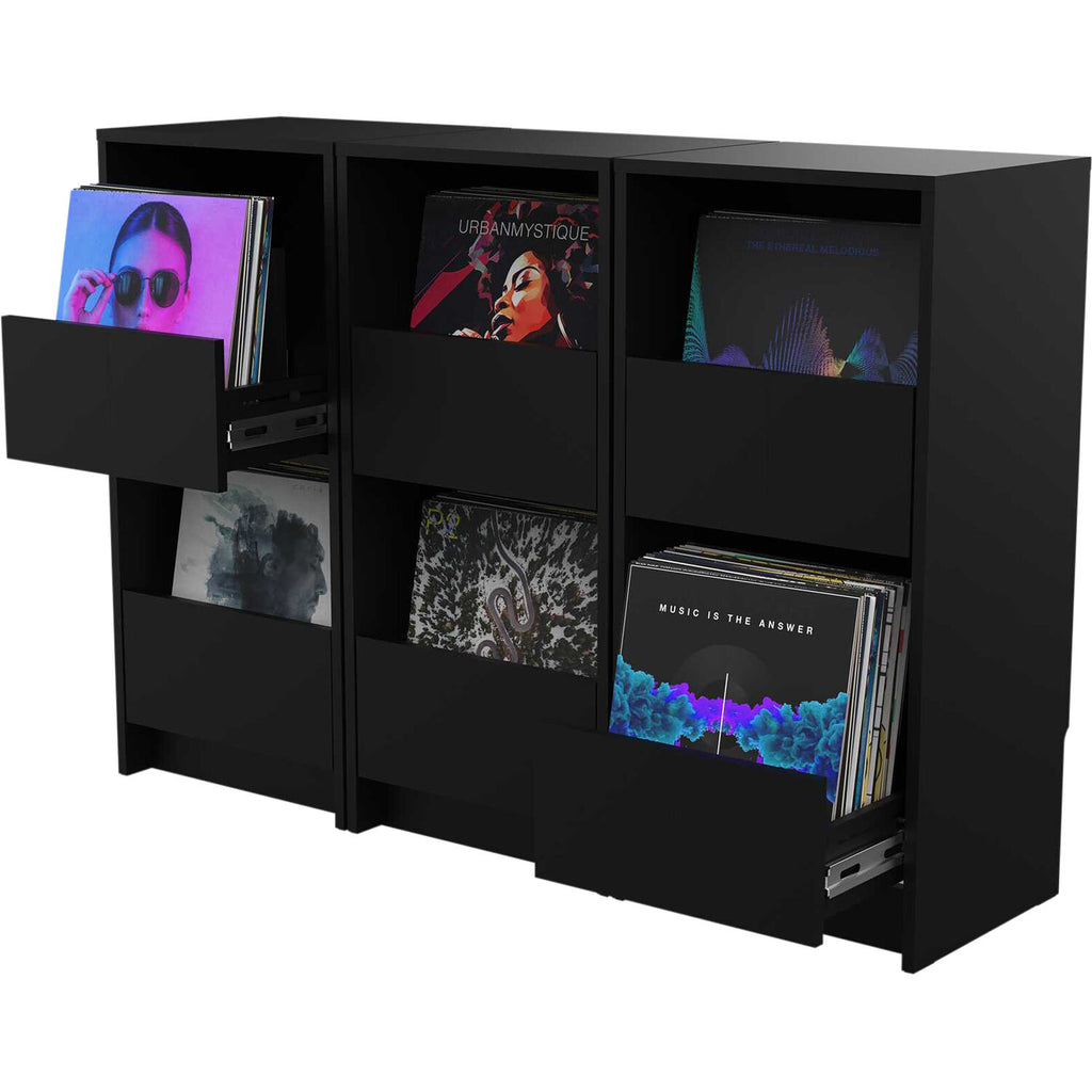 Glorious Vinyl Vault DJ table and furniture with sleek wooden finish, designed for vinyl record storage and DJ setups.