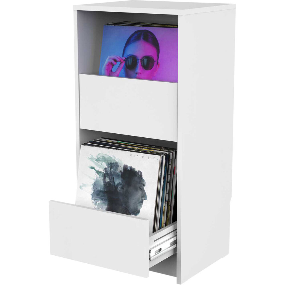 Glorious Vinyl Vault DJ table with sturdy black surface and metal legs, designed for vinyl record storage and DJ setups.