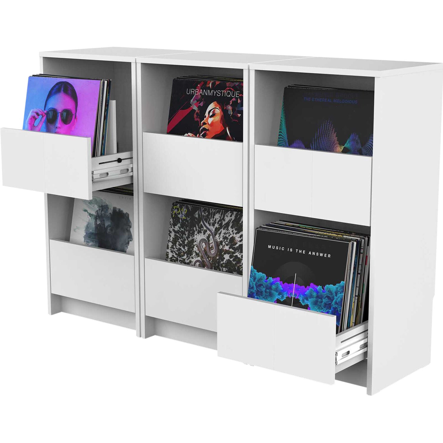 Glorious Vinyl Vault DJ table with sleek black finish and sturdy design, ideal for vinyl record storage and DJ setup.