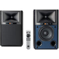 JBL 4305P active bookshelf speakers with sleek black cabinets and driver units, designed for high-quality audio listening.