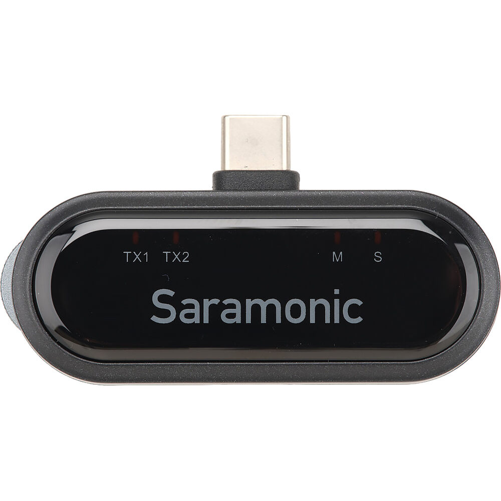 Saramonic BlinkMe U2 wireless microphone system with transmitter and receiver, compact design for creators and content creators.