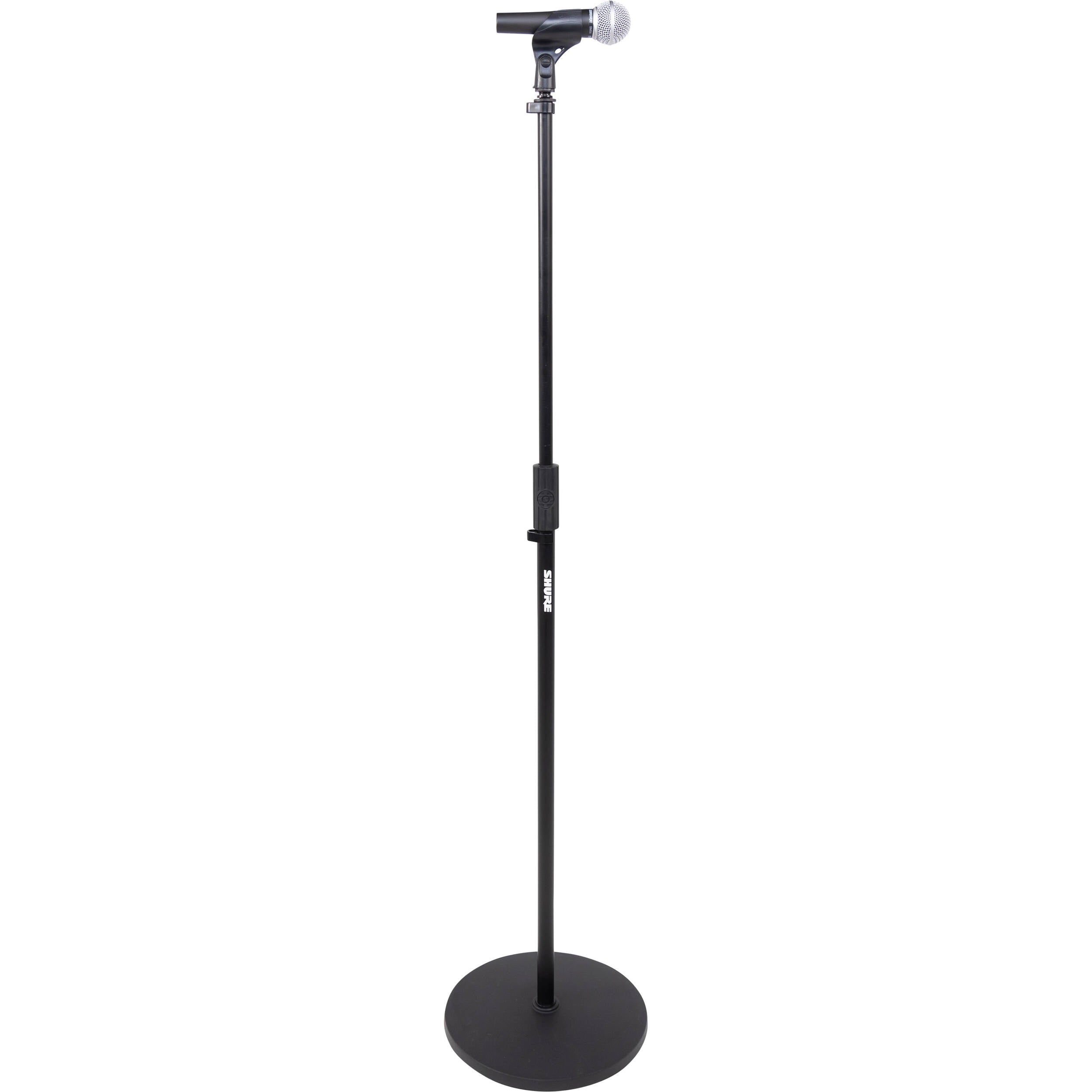 Shure floor microphone stand with adjustable height and sturdy base, designed for professional audio setups.