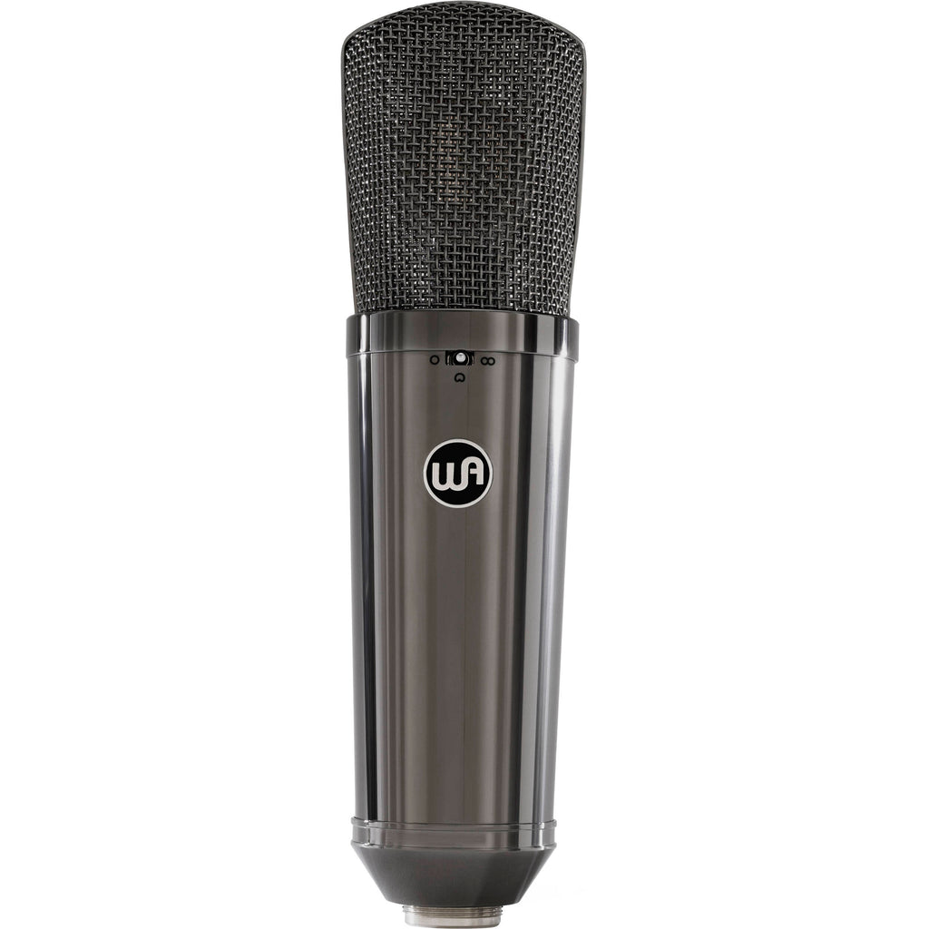 Stereo pair of Warm Audio WA-87 R2 TS condenser microphones with gold finish and shock mounts for studio recording.