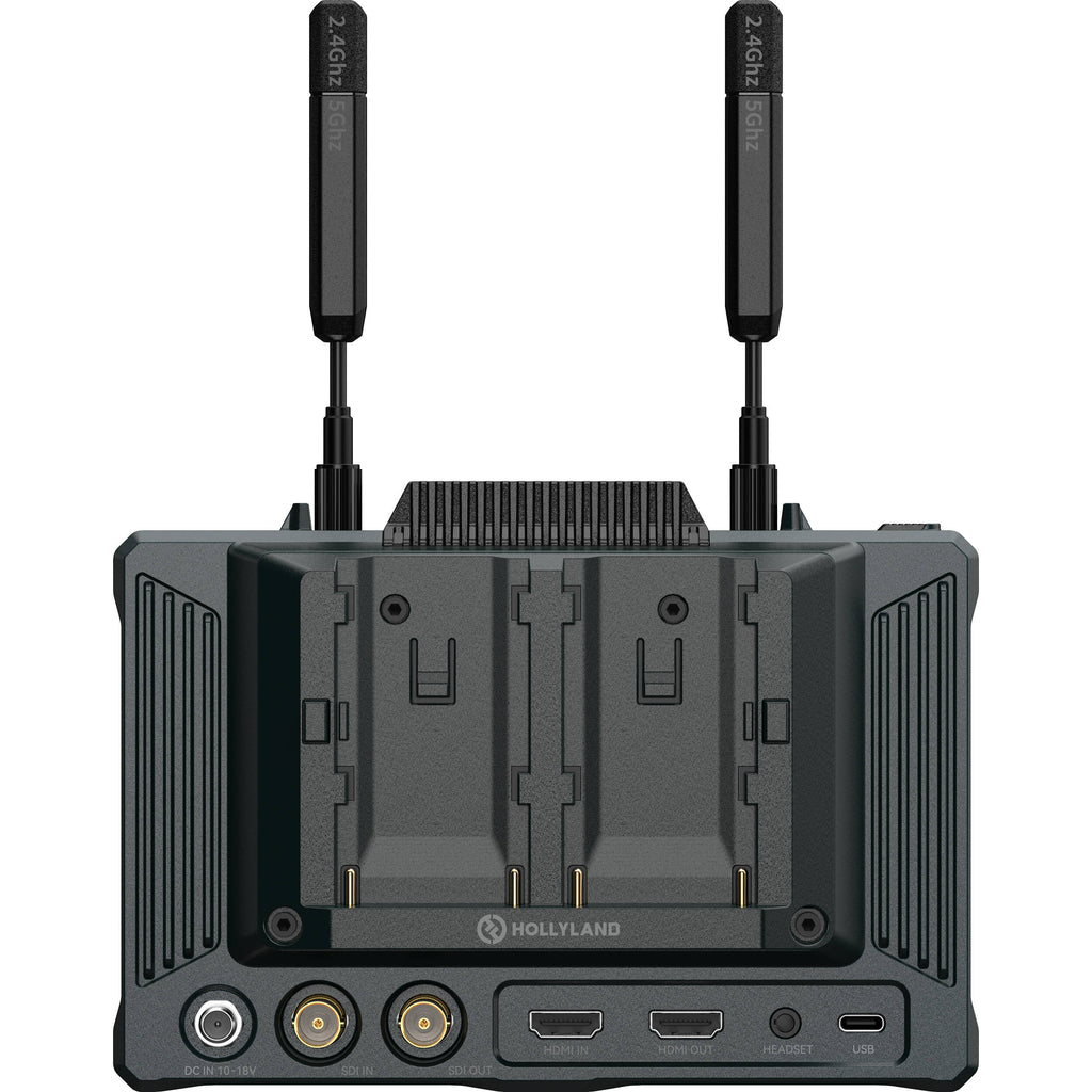 Hollyland Pyro 7 video monitor displaying a colorful interface and control buttons, designed for professional video production.