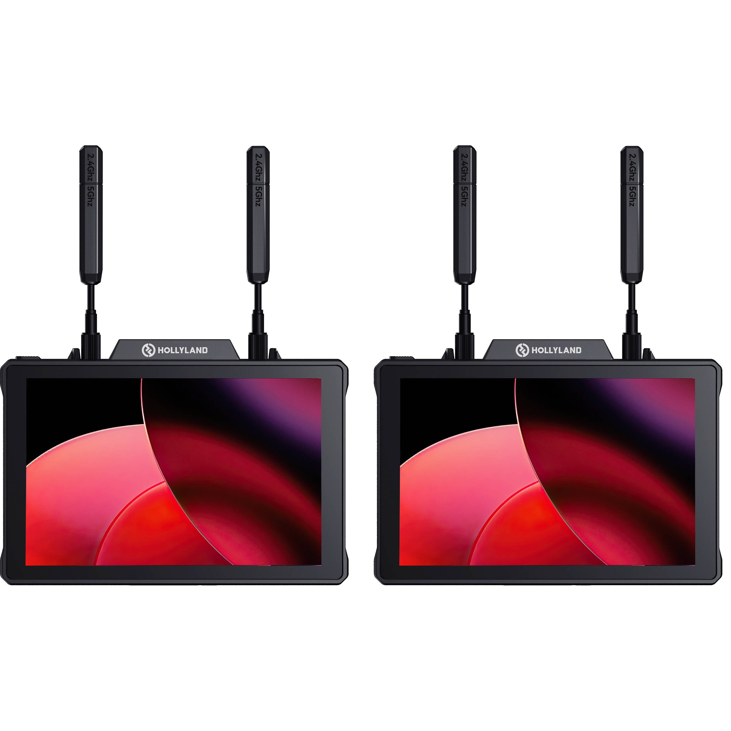 Hollyland Pyro 7 video monitors set showing two compact, professional-grade Hollyland monitor units with screens and control buttons.