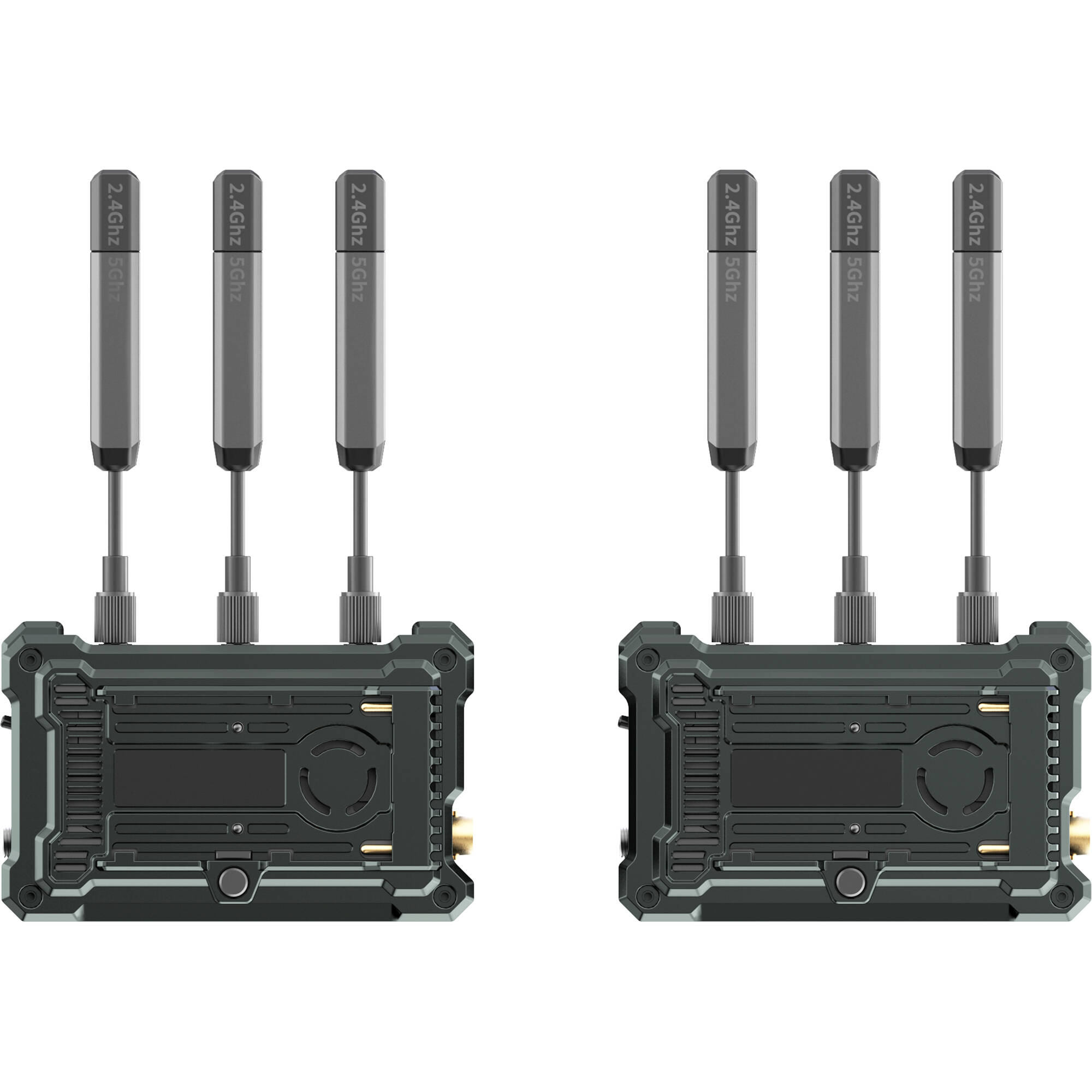 Hollyland Pyro Transmission Kit with video monitors, wireless transmission devices, and control interface for professional video production.