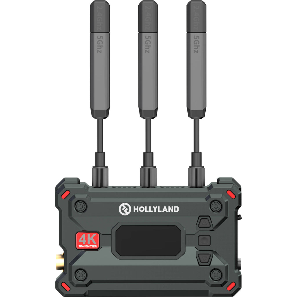 Hollyland Pyro Transmission Kit with video monitors, compact wireless transmitter and receiver for high-quality video streaming.