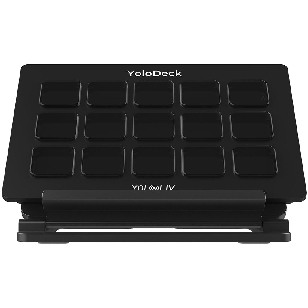 YoloLiv YoloDeck video edit controller with touchscreen interface and multiple control buttons for live streaming and video editing.
