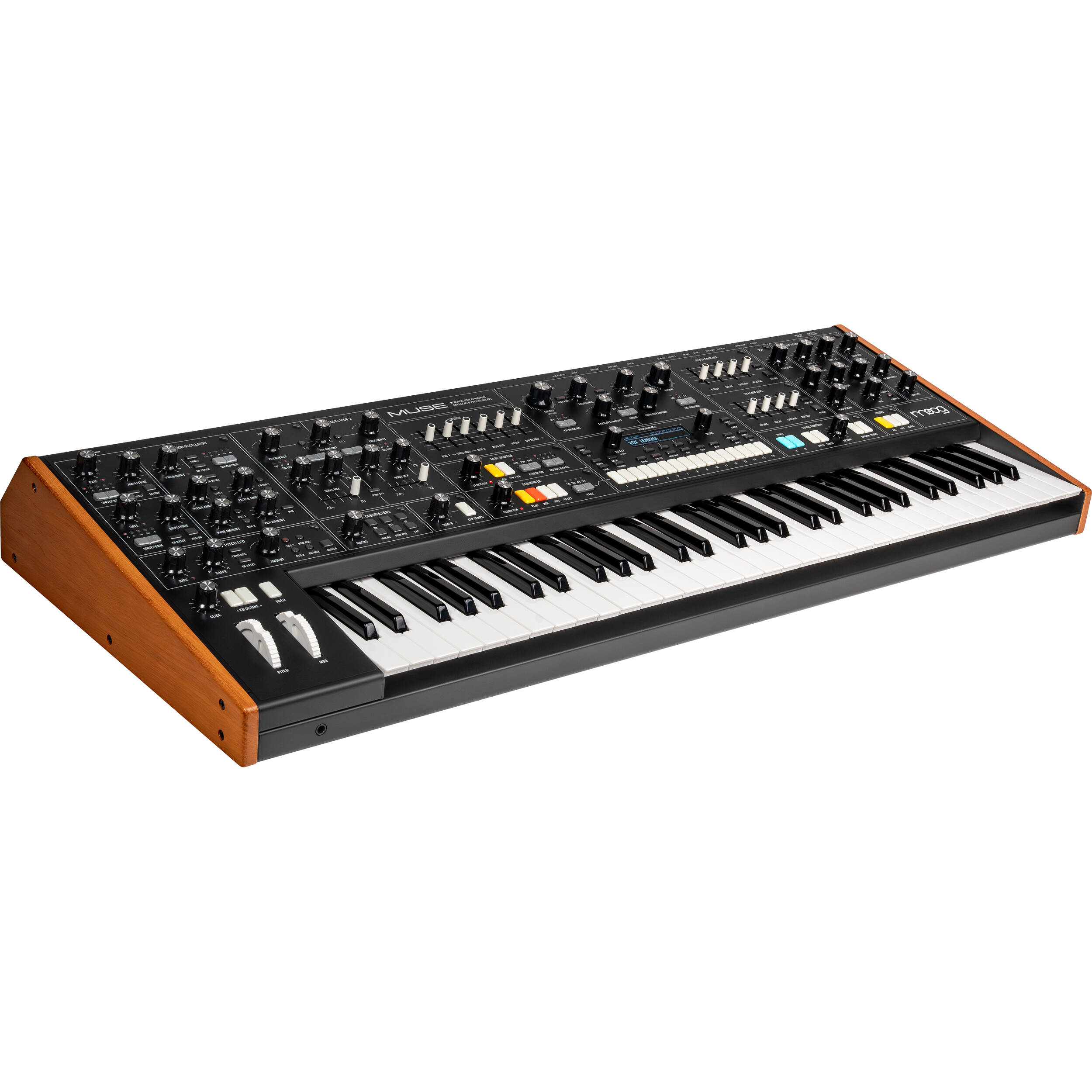 Moog Muse synthesizer with knobs, keys, and controls, showcasing a compact electronic keyboard from Moog.