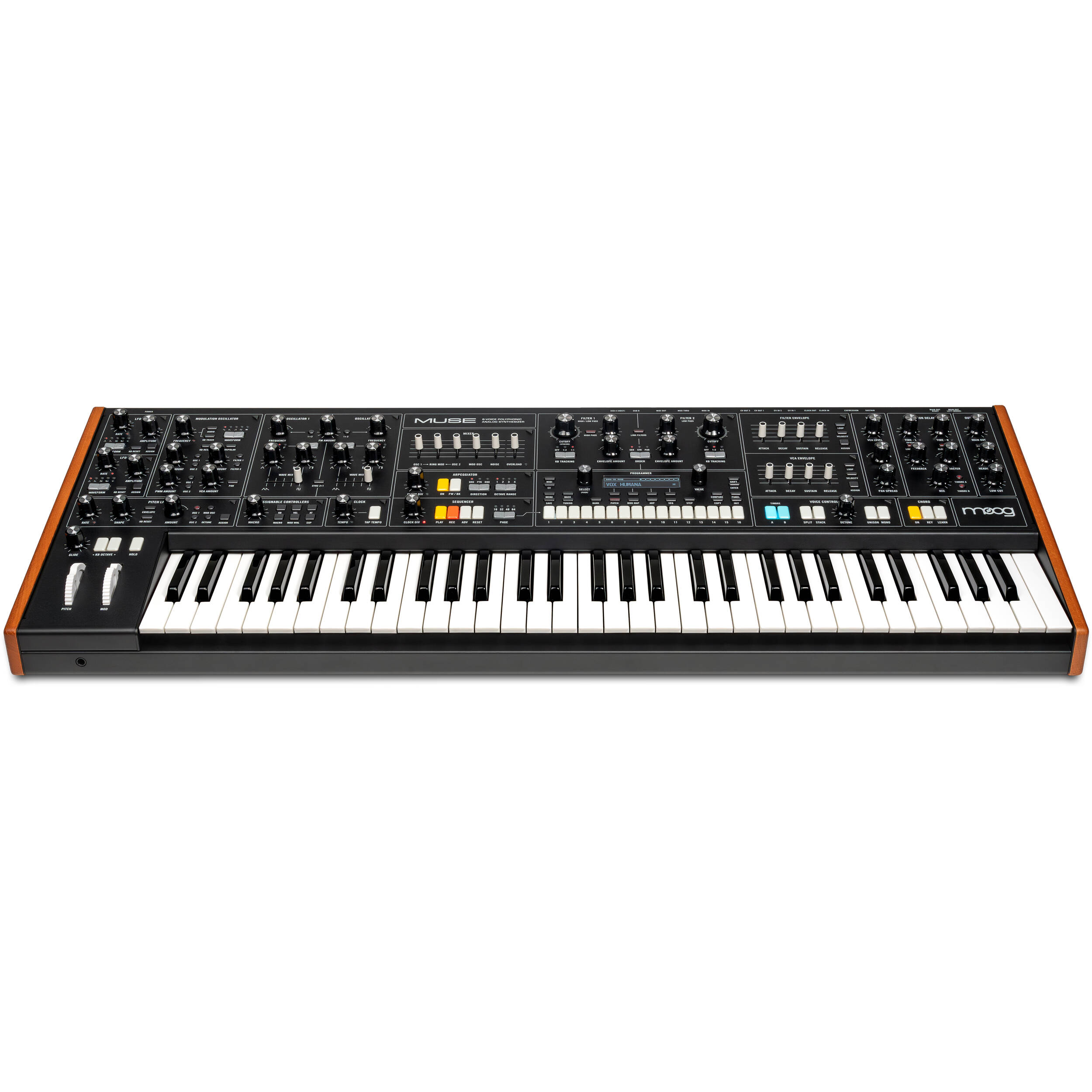 Moog Muse synthesizer with keyboard and control knobs, showcasing its vintage-inspired design and front panel features.