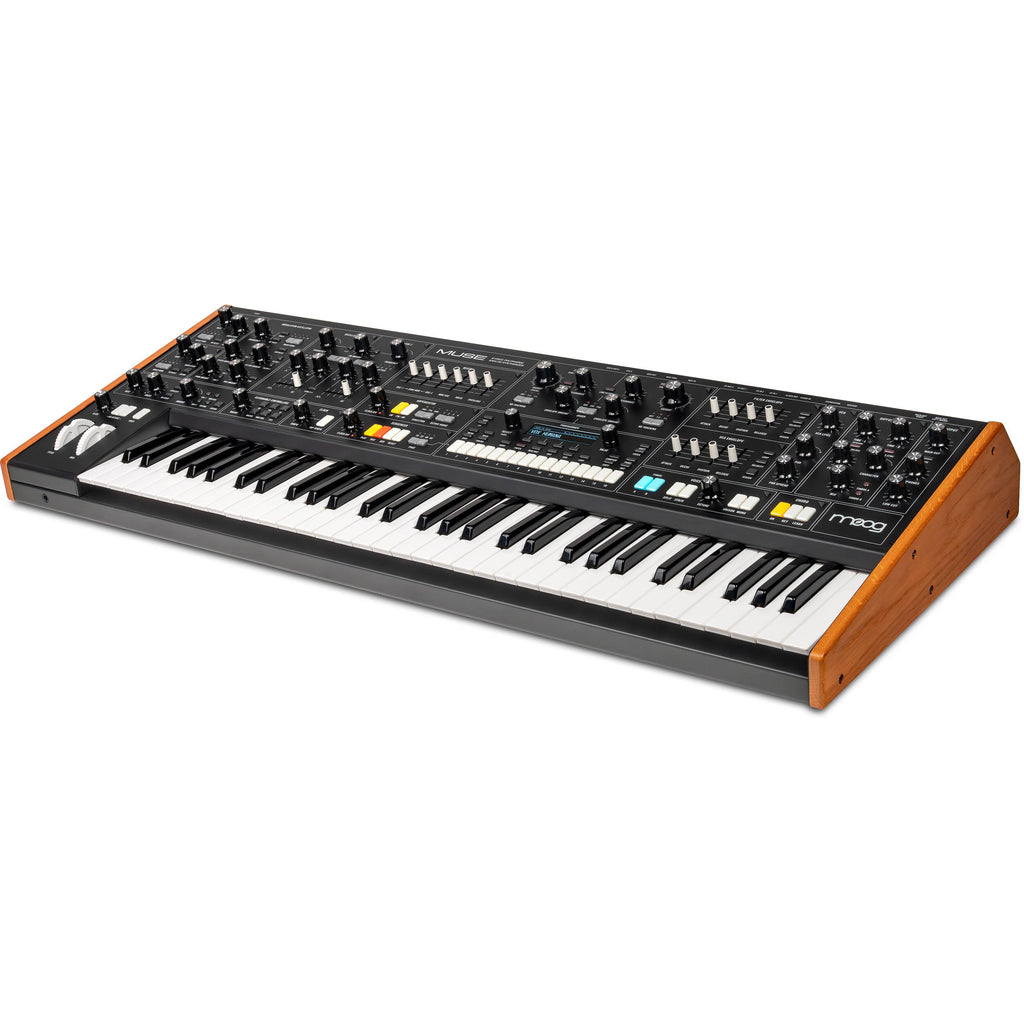 Moog Muse synthesizer with knobs and keyboard, showcasing its sleek design and control panel.