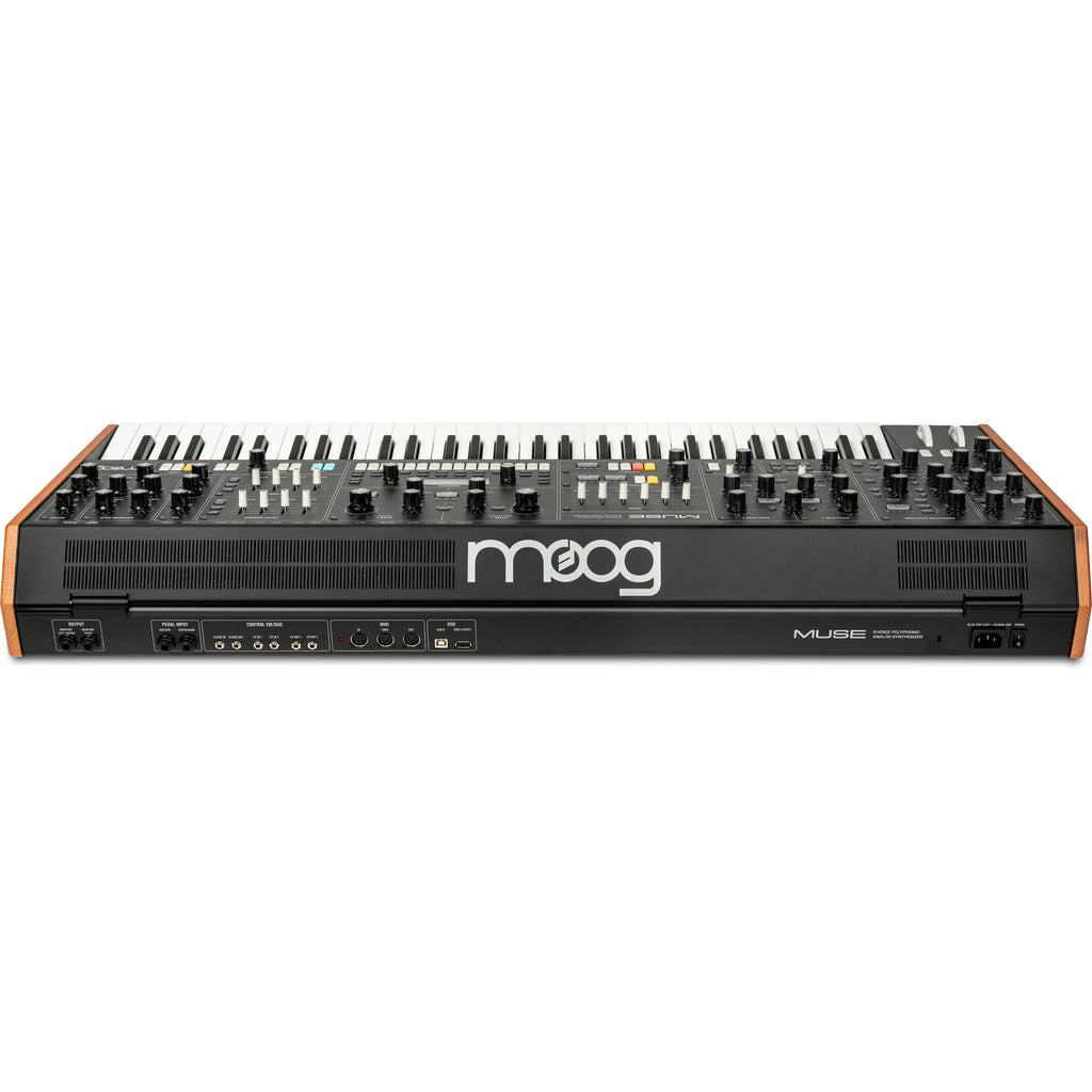 Moog Muse synthesizer with control knobs, patch cables, and keyboard layout, showcasing Moog's classic electronic instrument design.