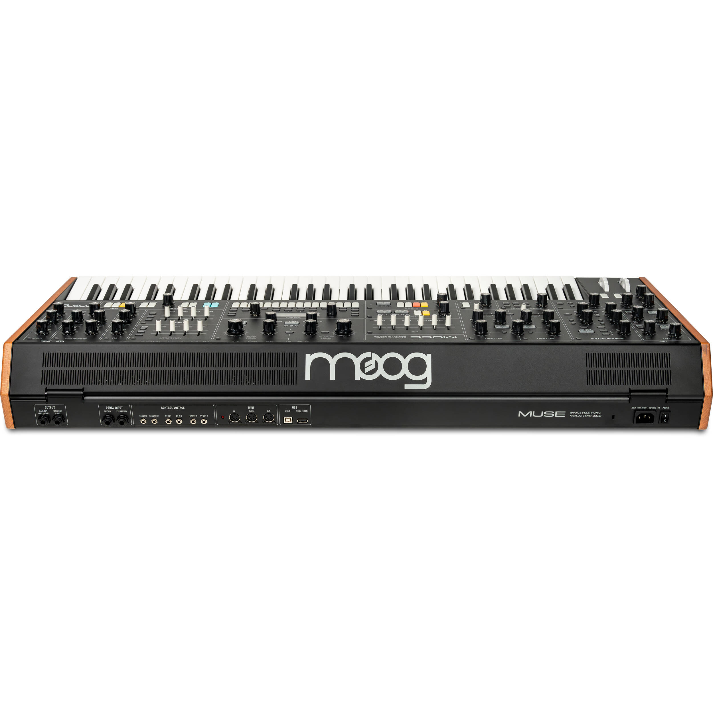 Moog Muse synthesizer with control knobs, patch cables, and keyboard layout, showcasing Moog's classic electronic instrument design.