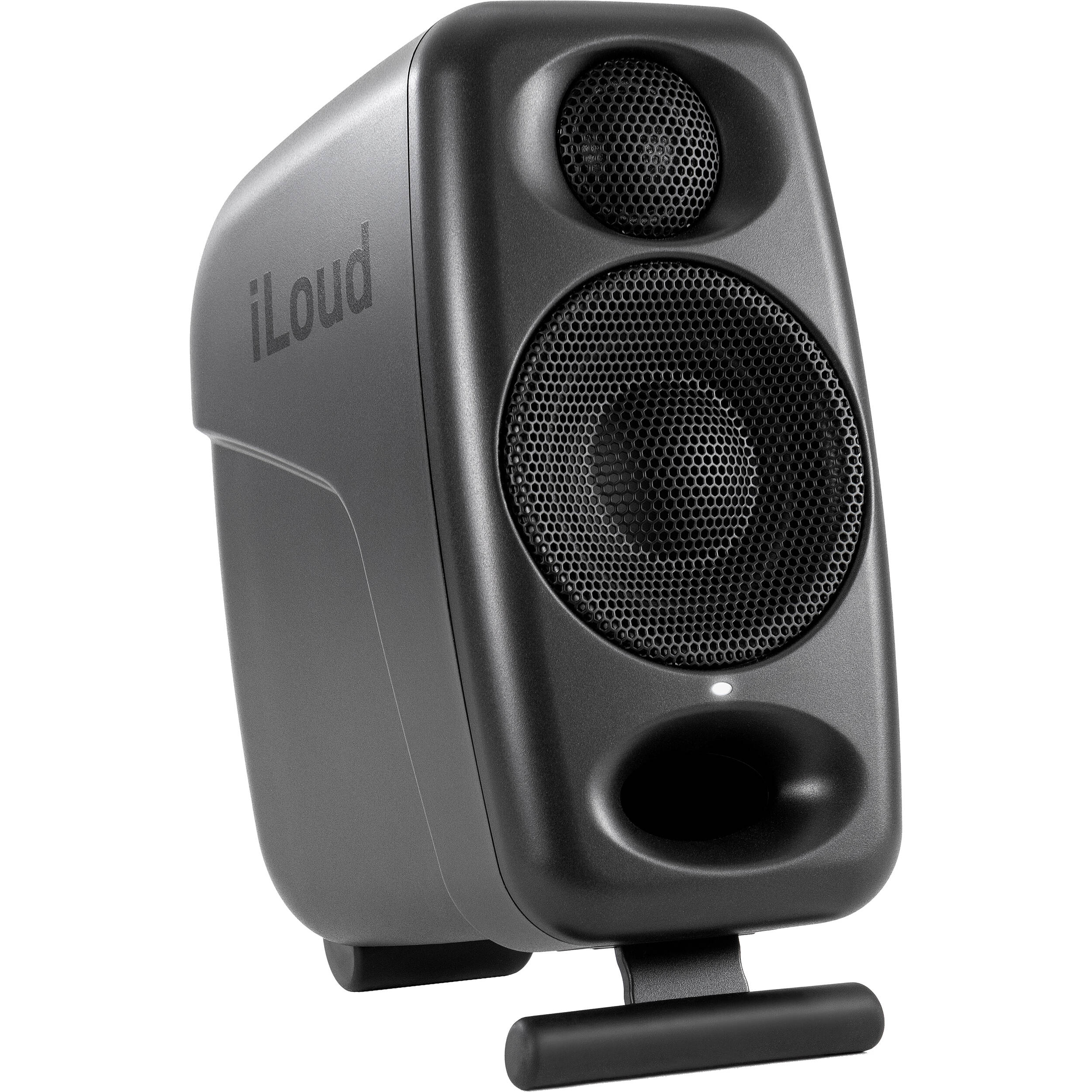 IK Multimedia iLoud Micro Monitor Pro active nearfield monitors shown with sleek black speaker cabinets and control panels.
