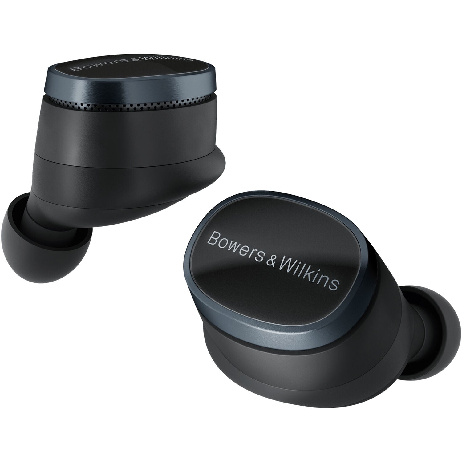 Bowers & Wilkins Pi8 wireless in-ear headphones with sleek black design and compact charging case.