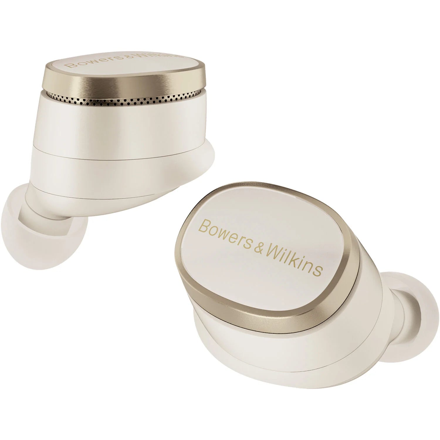Bowers & Wilkins Pi8 wireless in-ear headphones with black earbuds and sleek charging case on a white background.