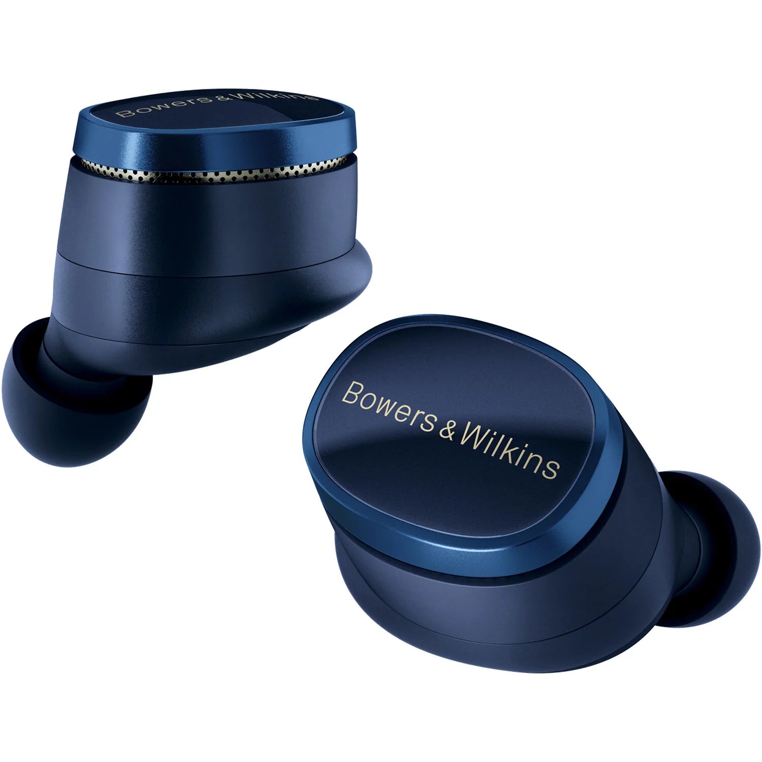 Bowers & Wilkins Pi8 wireless in-ear headphones with sleek black earbuds and compact charging case, close-up view.