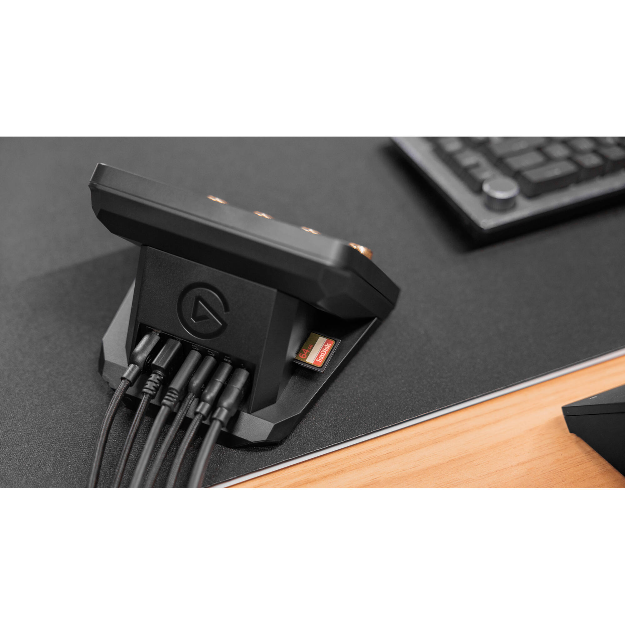 Elgato USB hub for Stream Deck+ showing multiple USB ports and sleek black design for video equipment setup.