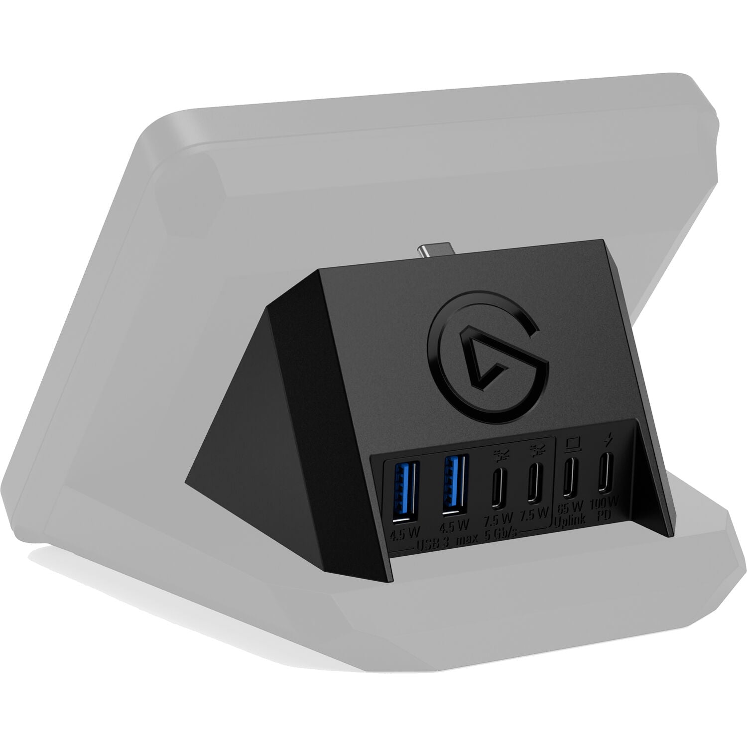 Elgato USB hub for Stream Deck+ with multiple ports, connected to a computer, used for video equipment and streaming setups.