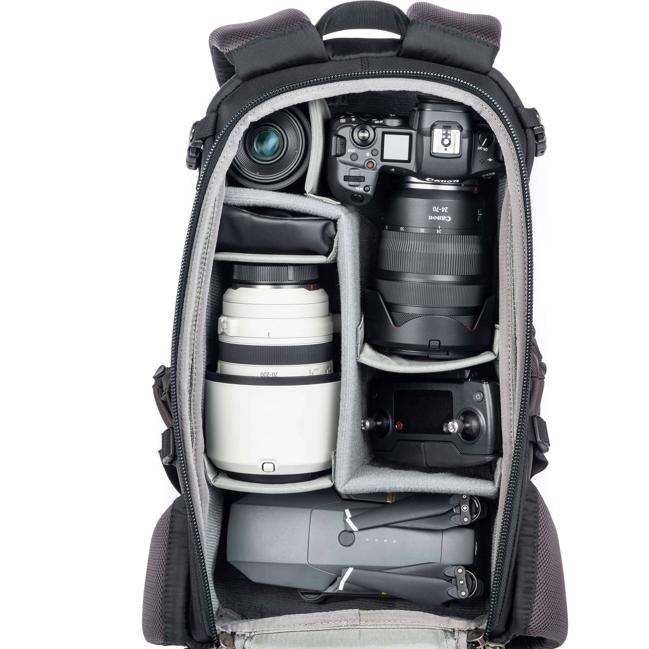 Think Tank Mindshift BackLight video equipment bag with padded compartments and adjustable straps for photography gear.