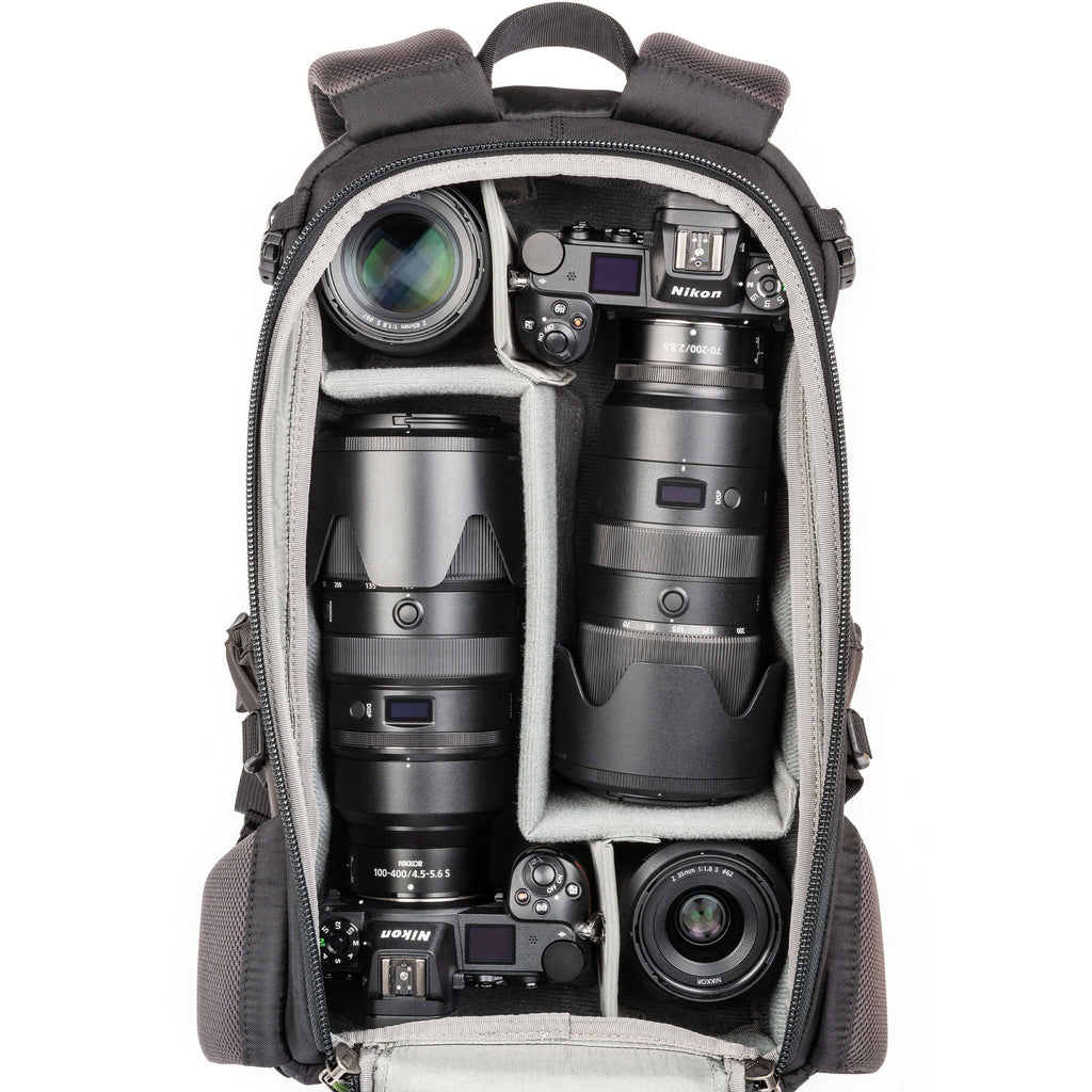 Think Tank Mindshift BackLight video equipment bag with padded compartments and adjustable straps for camera gear storage.
