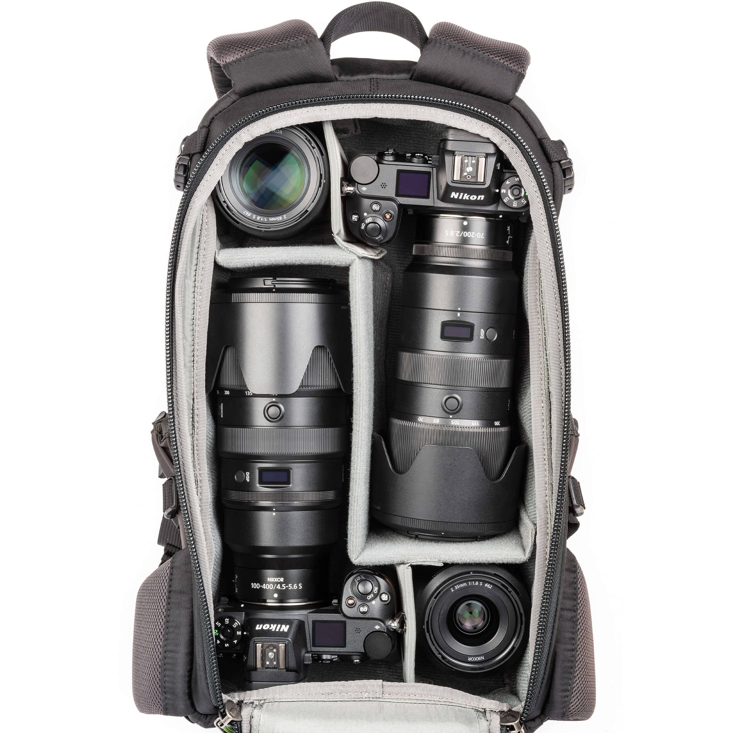 Think Tank Mindshift BackLight video equipment bag with padded compartments and adjustable straps for camera gear storage.