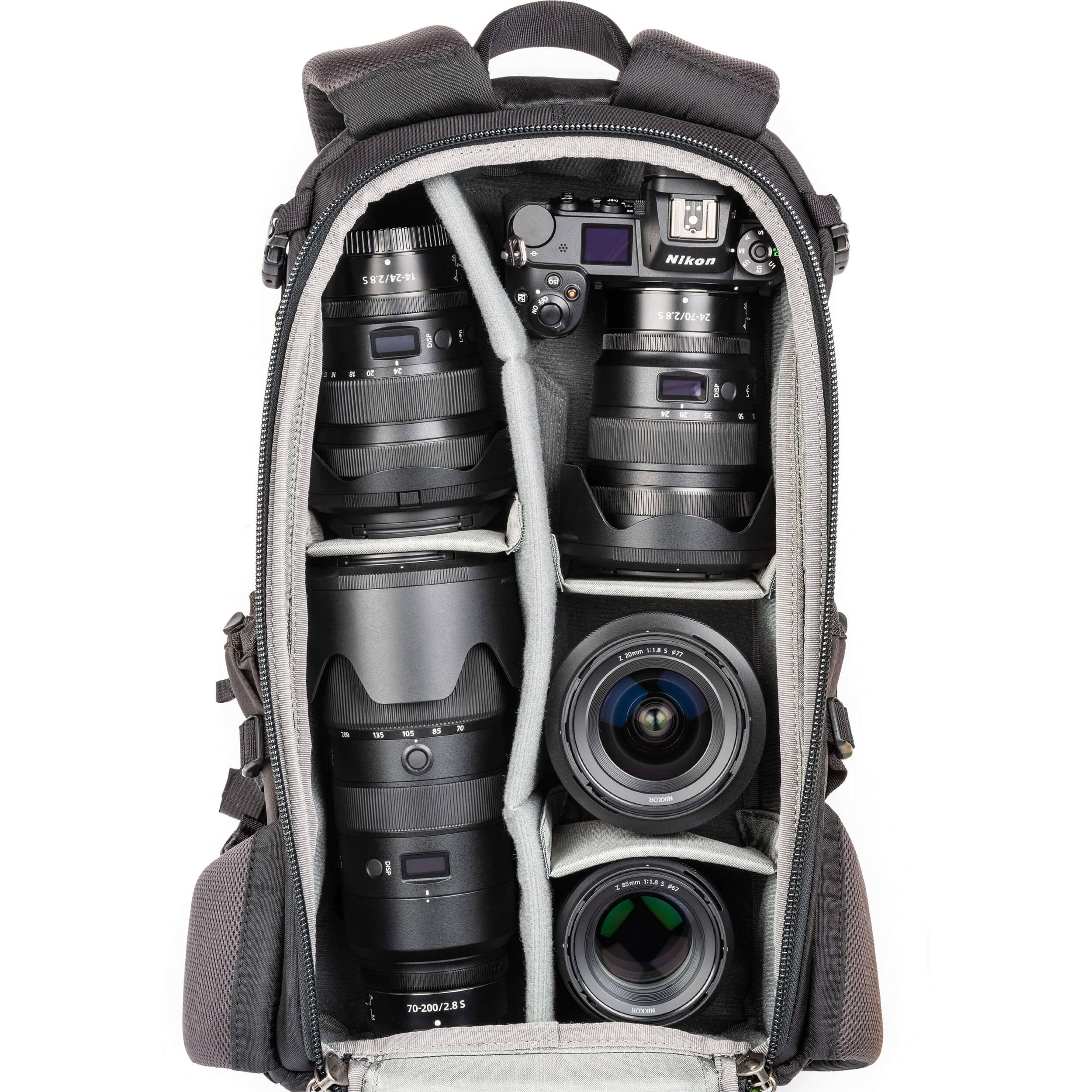 Think Tank Mindshift BackLight video equipment bag with padded compartments and adjustable straps for gear protection and organization.