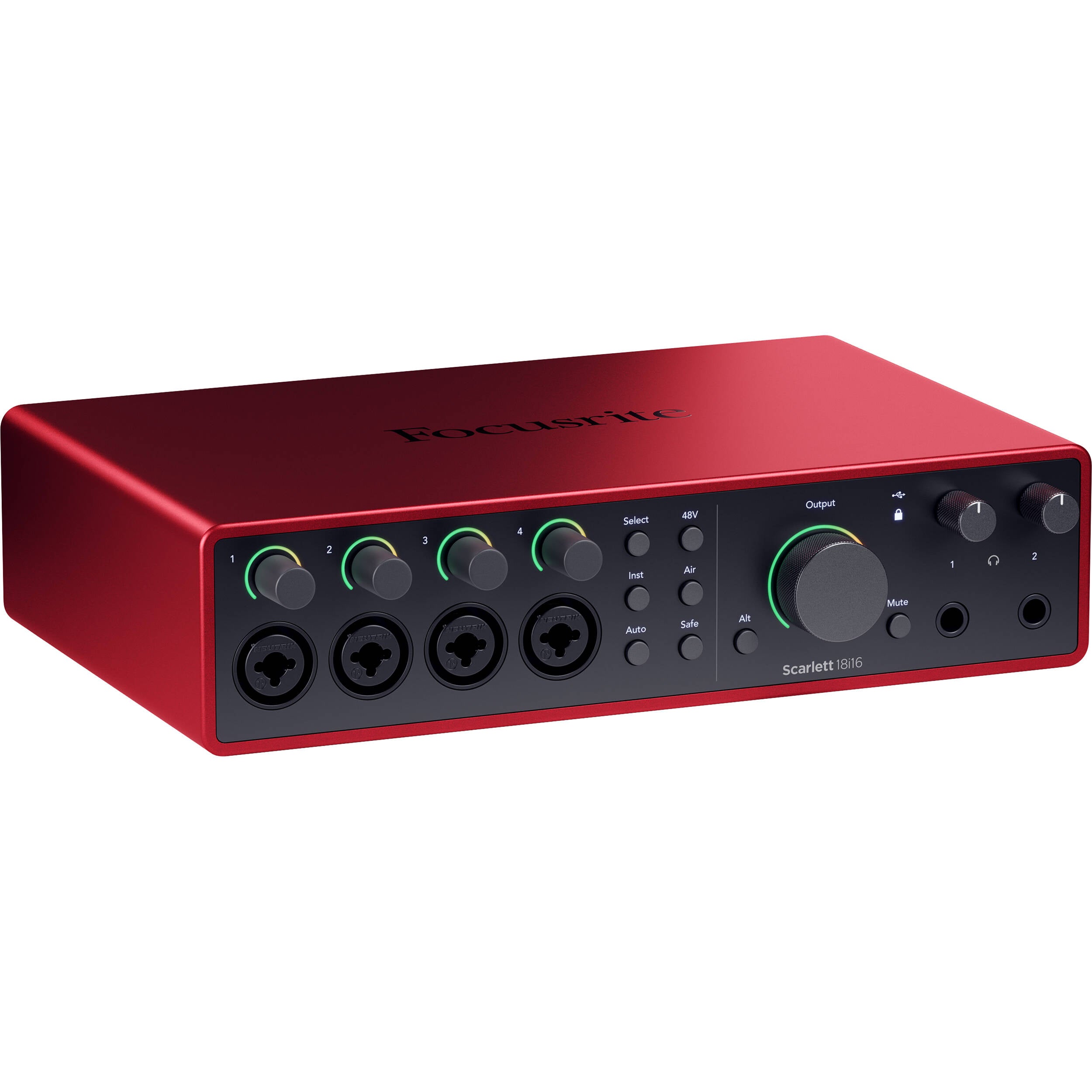 Focusrite Scarlett 18i16 4th Gen audio interface with multiple input and output ports, USB connection, and sleek black design.