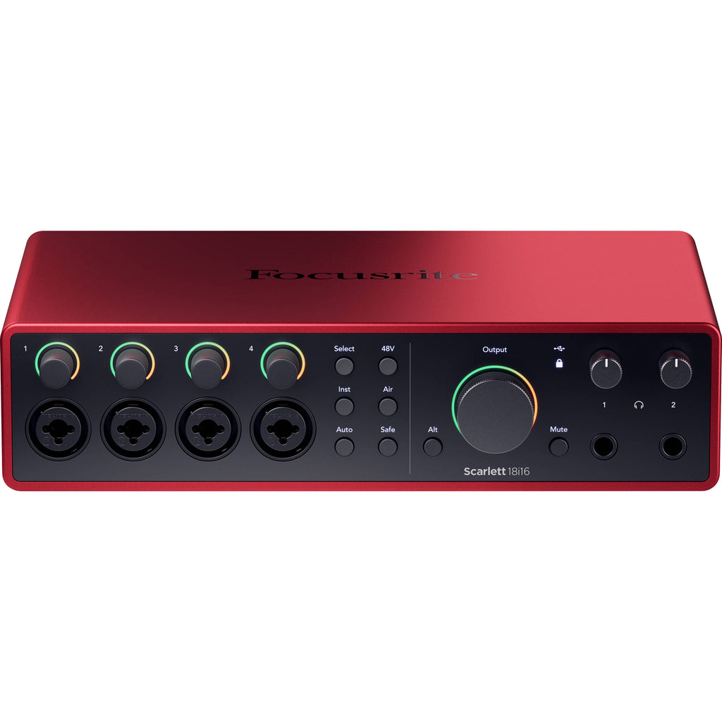 Focusrite Scarlett 18i16 4th Gen audio interface with multiple input and output ports, professional-grade audio equipment.
