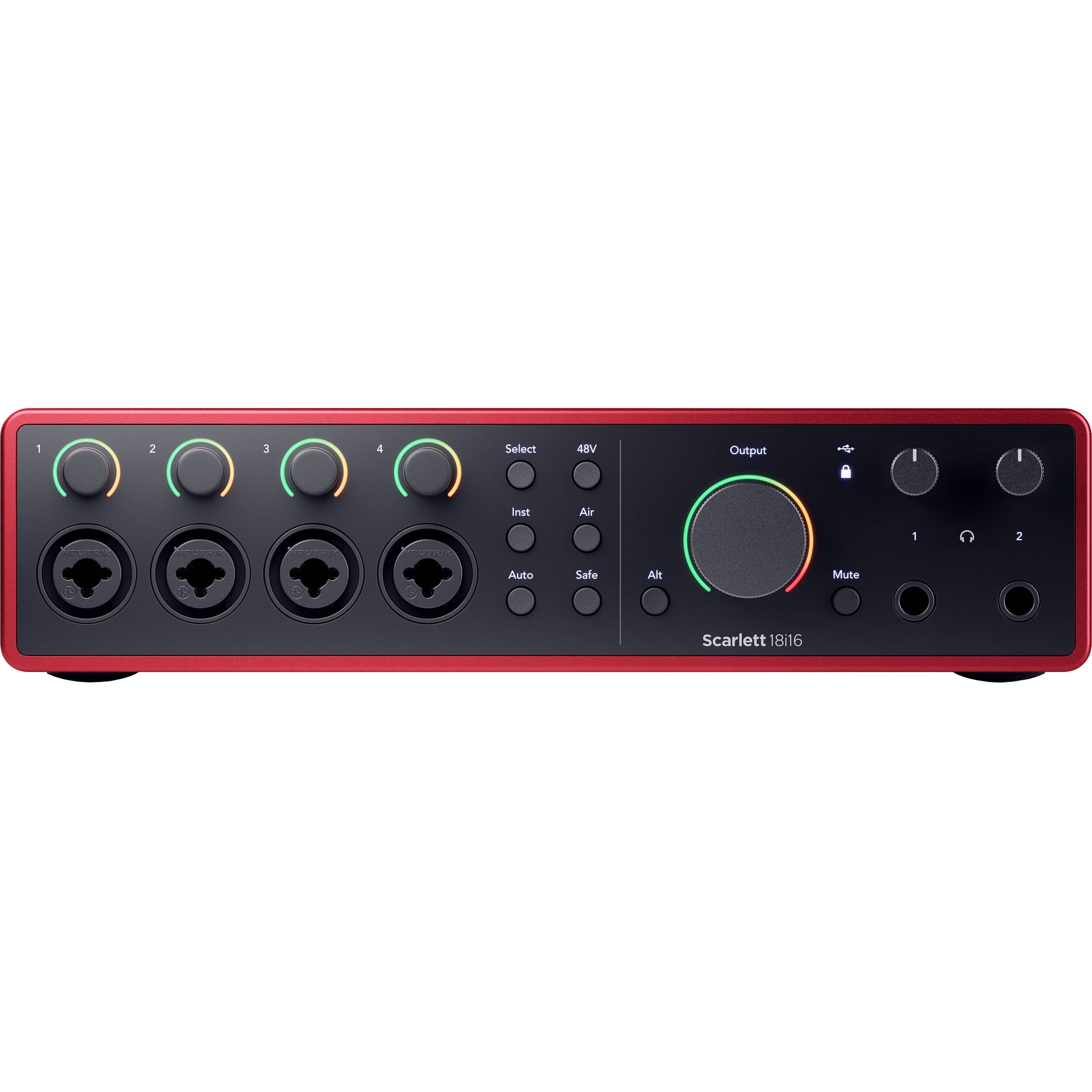Focusrite Scarlett 18i16 4th Gen audio interface with multiple input/output ports and sleek black design.