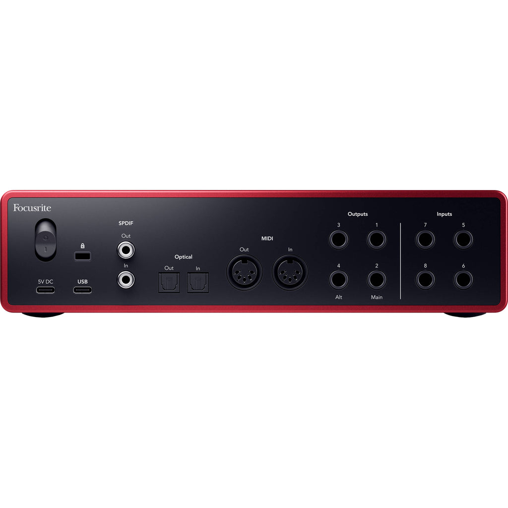 Focusrite Scarlett 18i16 4th Gen audio interface with multiple input and output ports, compact design, and professional-grade controls.