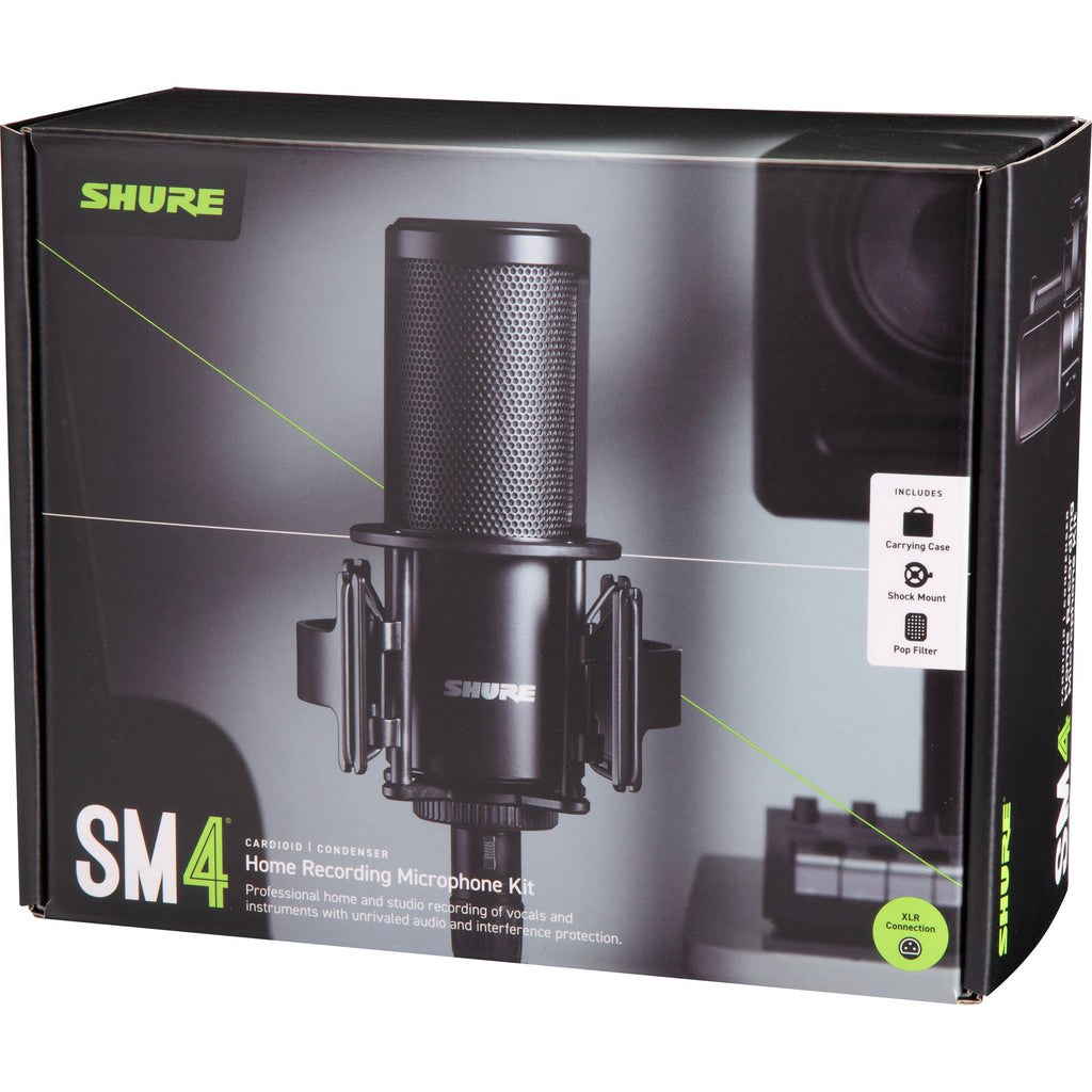 Shure SM4 condenser microphone with professional audio capture, featuring a sleek black design and built-in stand mount.