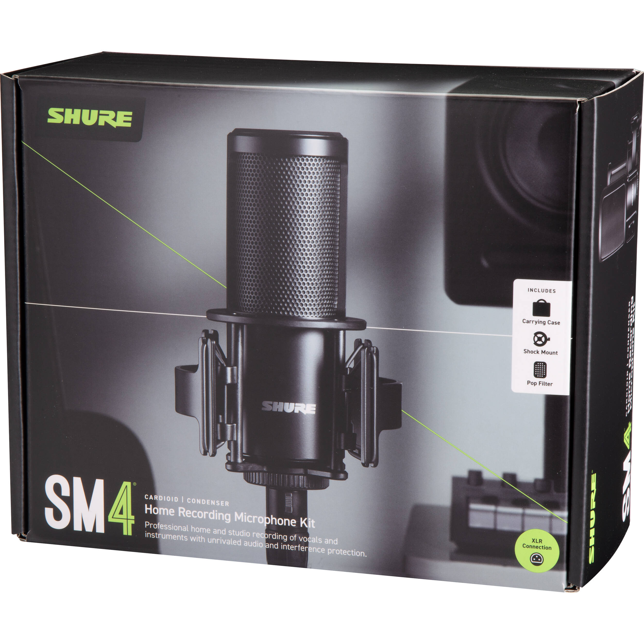 Shure SM4 condenser microphone with professional audio capture, featuring a sleek black design and built-in stand mount.