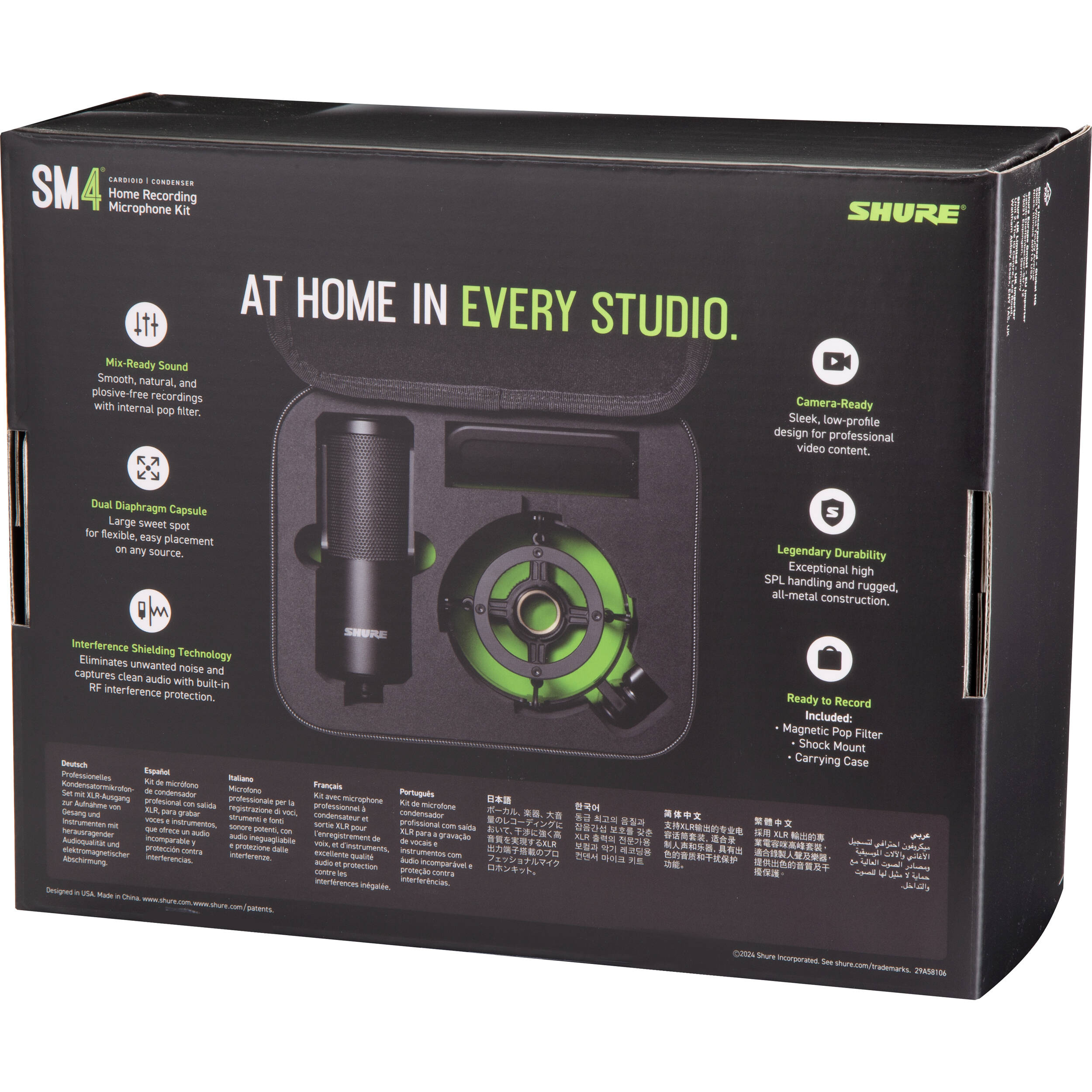Shure SM4 condenser microphone shown with its sleek black body and professional audio capture features.